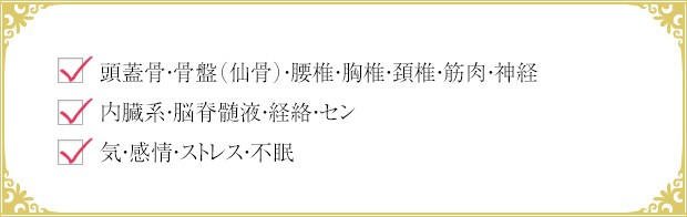 頭蓋骨・骨盤(仙骨)・腰椎・胸椎・頚椎・筋肉・神経,内臓系・脳脊髄液・経絡・セン,気・感情・ストレス・不眠