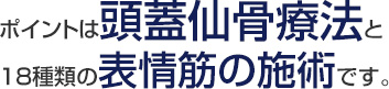 ポイントは頭蓋仙骨療法と18種類の顔の表情筋の施術です。