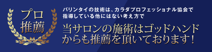【プロ推奨】バリンタイの整体技術は、カラダプロフェッショナル協会(大阪市)で指導している他にはない考え方で当サロンの施術はゴッドハンドからも推奨を頂いております!